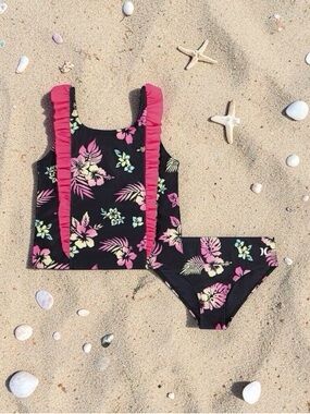 Hurley Girls 2-Piece Ruffle Black Tropical Floral Tankini Swim Set Size M 7-8